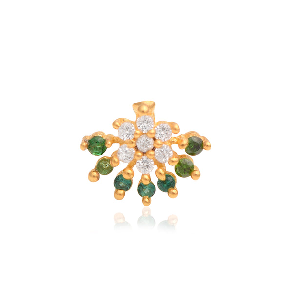 Green & White CZ Floral Nose Pin - Sterling Silver Gold Plated