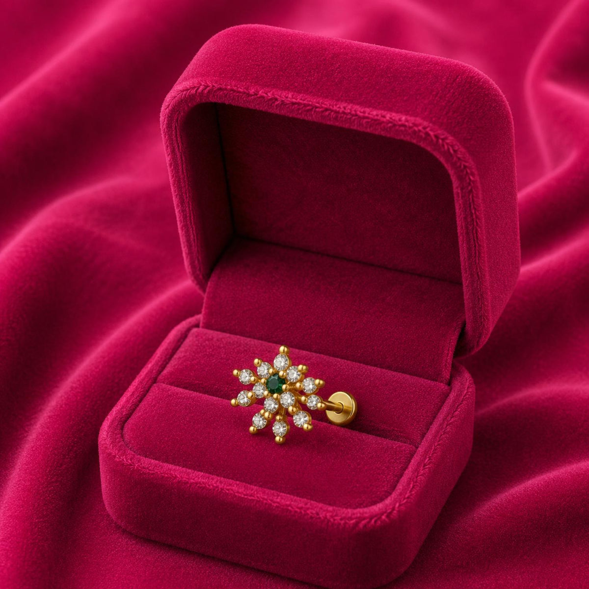 Green CZ Floral Star Nose Pin – Gold Plated Sterling Silver