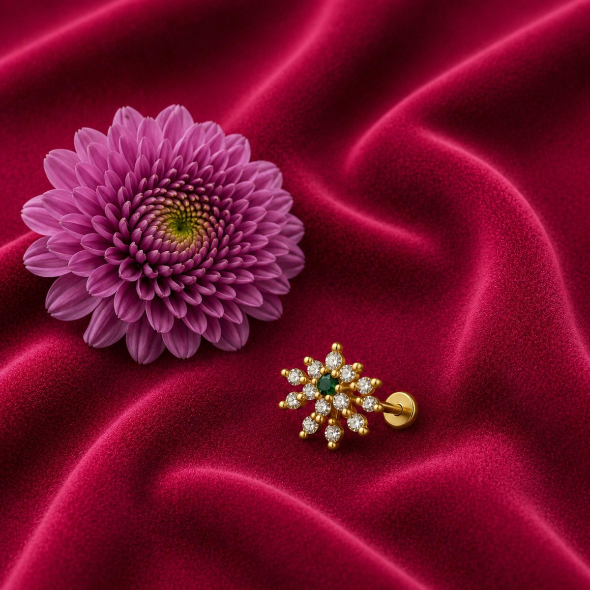 Green CZ Floral Star Nose Pin – Gold Plated Sterling Silver