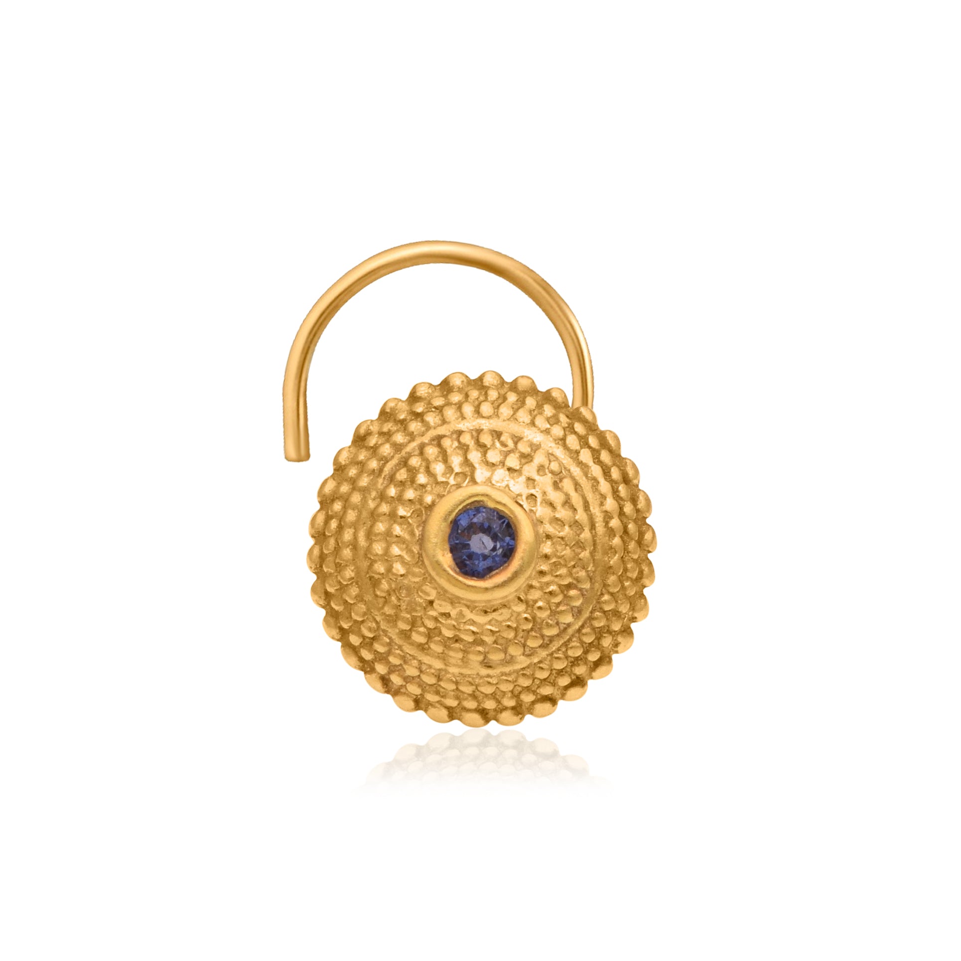 Blue CZ Textured Circular Ethnic Nose Pin – 925 Sterling Silver Yellow Plated
