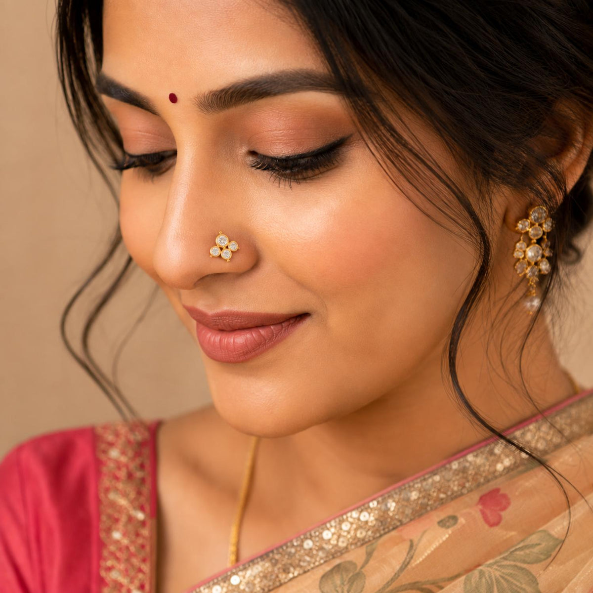 Four Stone White CZ Nose Pin - Gold Plated 925 Silver
