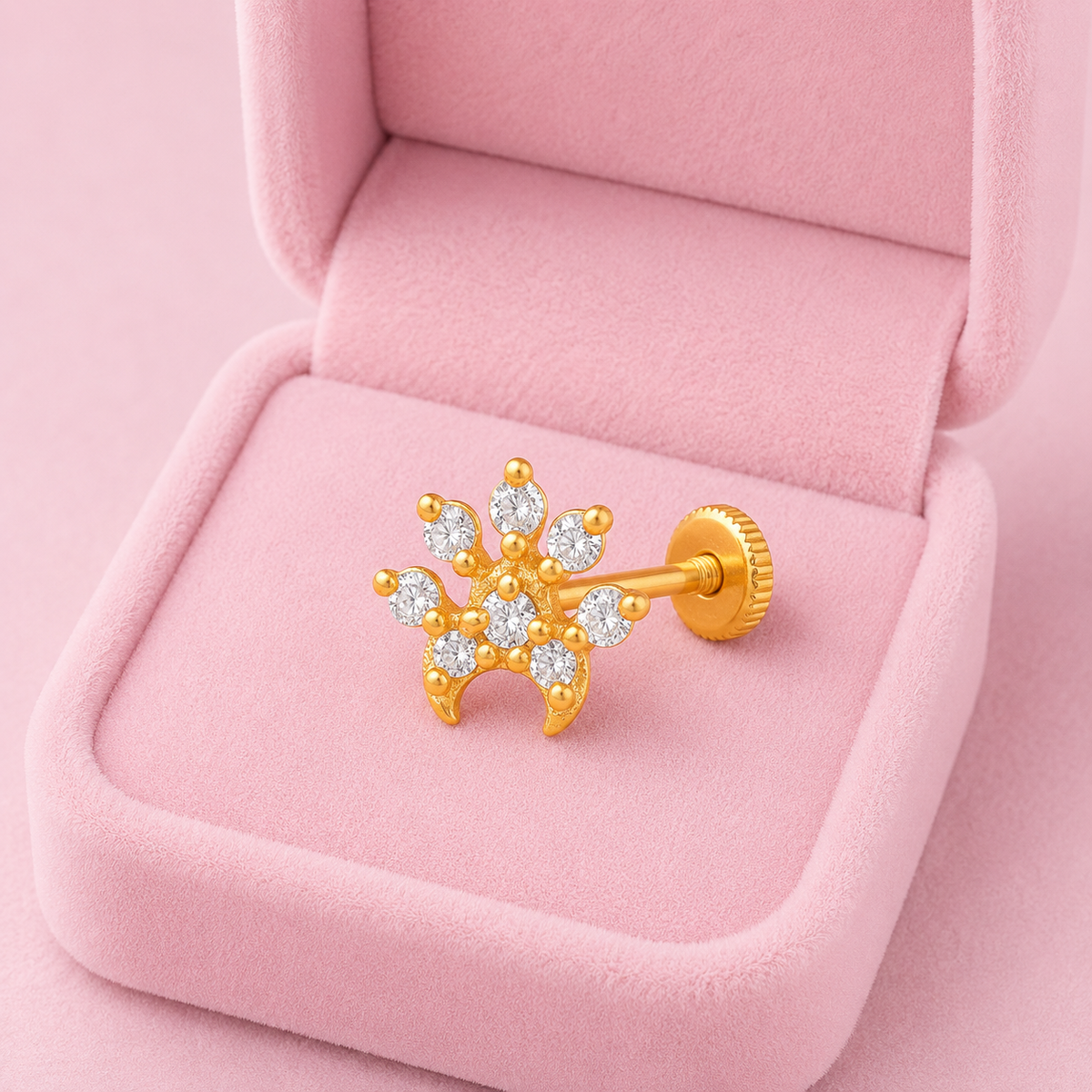 White CZ Crescent Crown Nose Pin - Sterling Silver Gold Plated