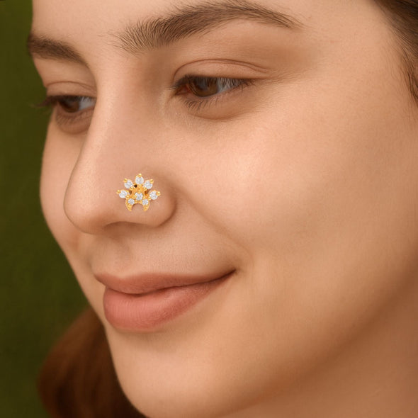 White CZ Crescent Crown Nose Pin - Sterling Silver Gold Plated