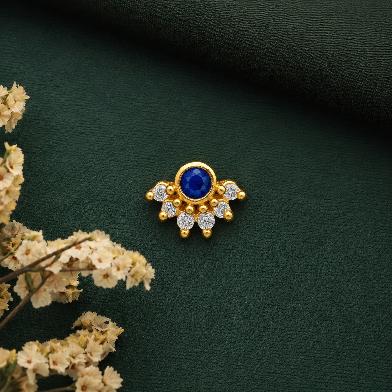 Blue CZ & White CZ  Half Floral Design Nose Ring - Gold Plated 925 Silver