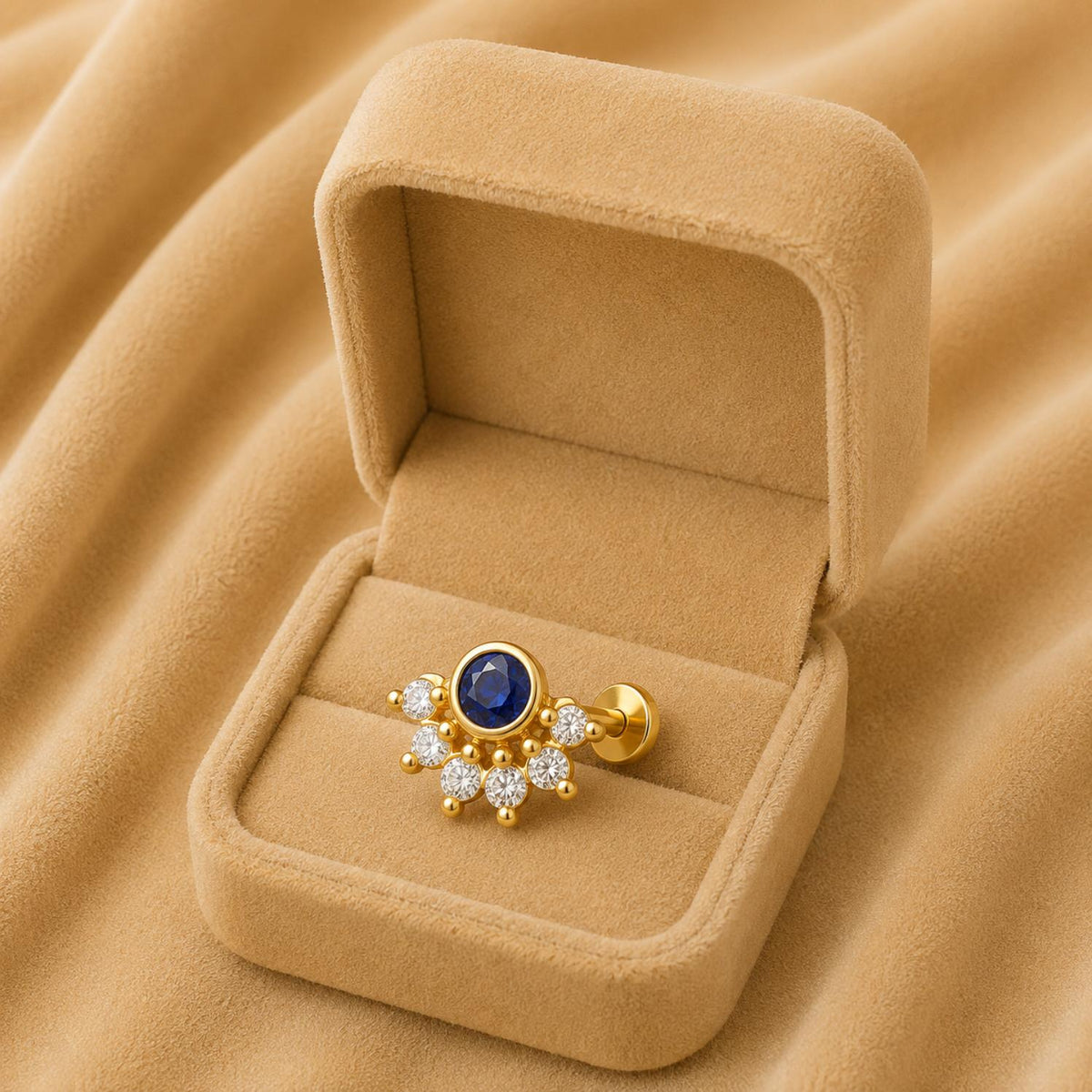 Blue CZ & White CZ  Half Floral Design Nose Ring - Gold Plated 925 Silver
