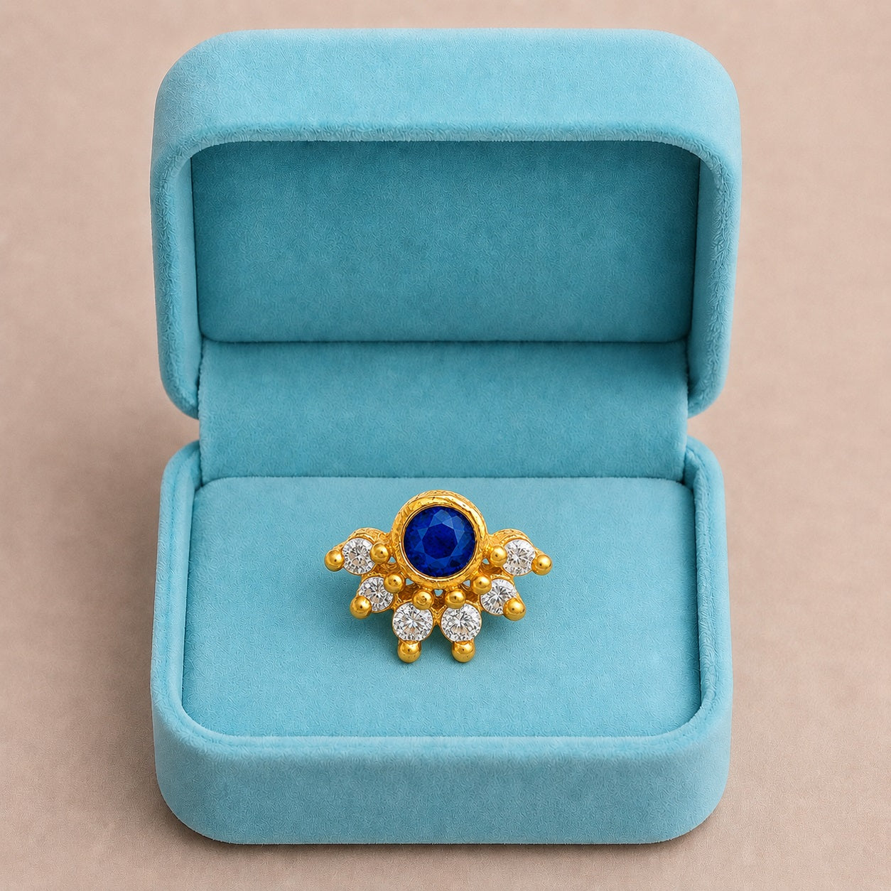 Blue CZ & White CZ  Half Floral Design Nose Ring - Gold Plated 925 Silver