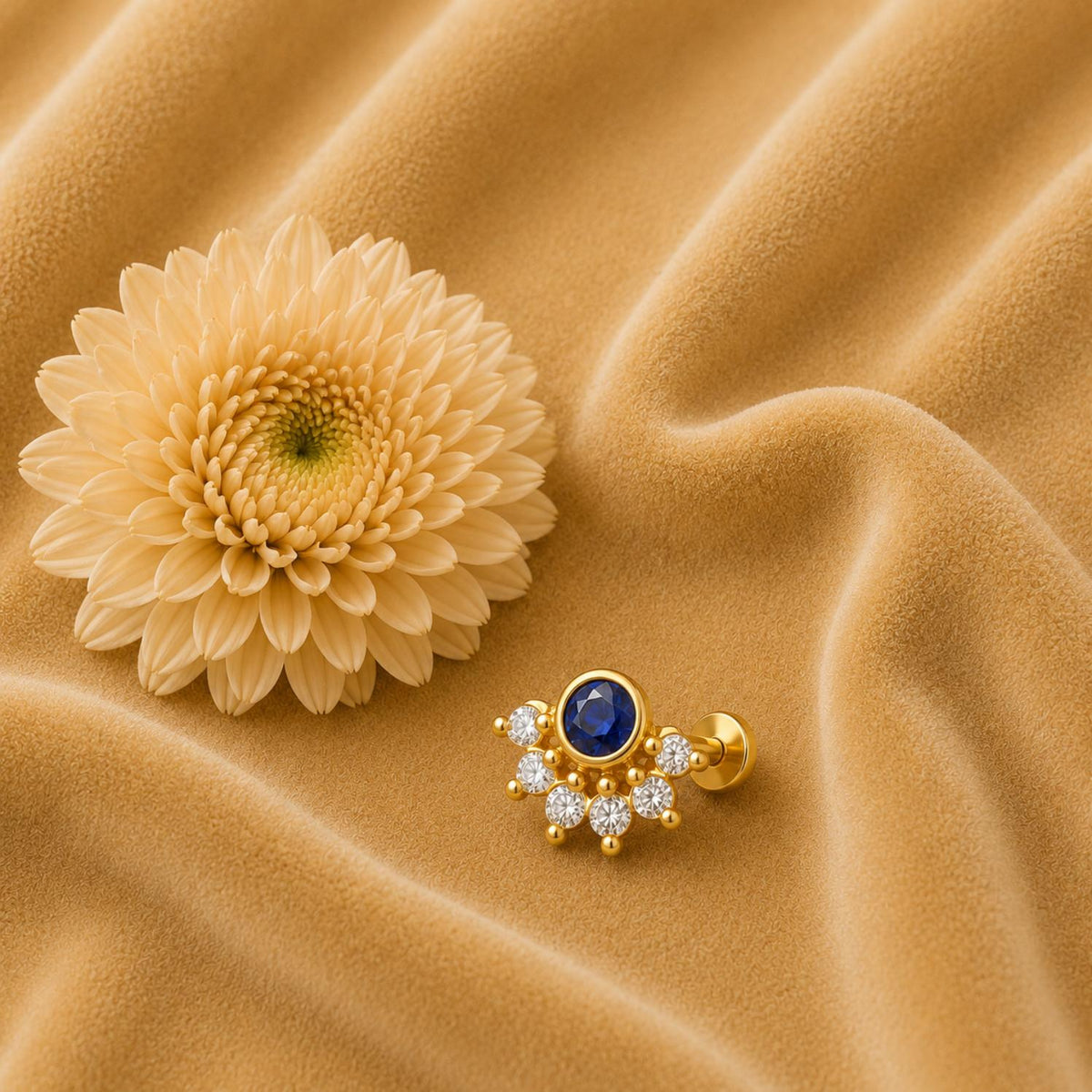 Blue CZ & White CZ  Half Floral Design Nose Ring - Gold Plated 925 Silver