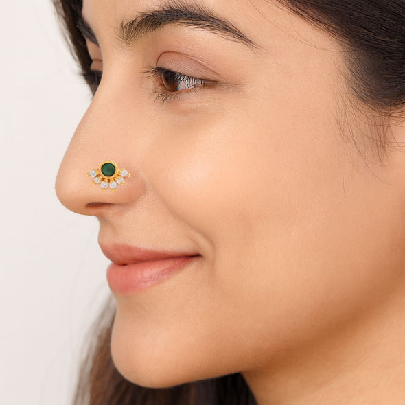 Green CZ Floral Nose Pin - Sterling Silver Gold Plated
