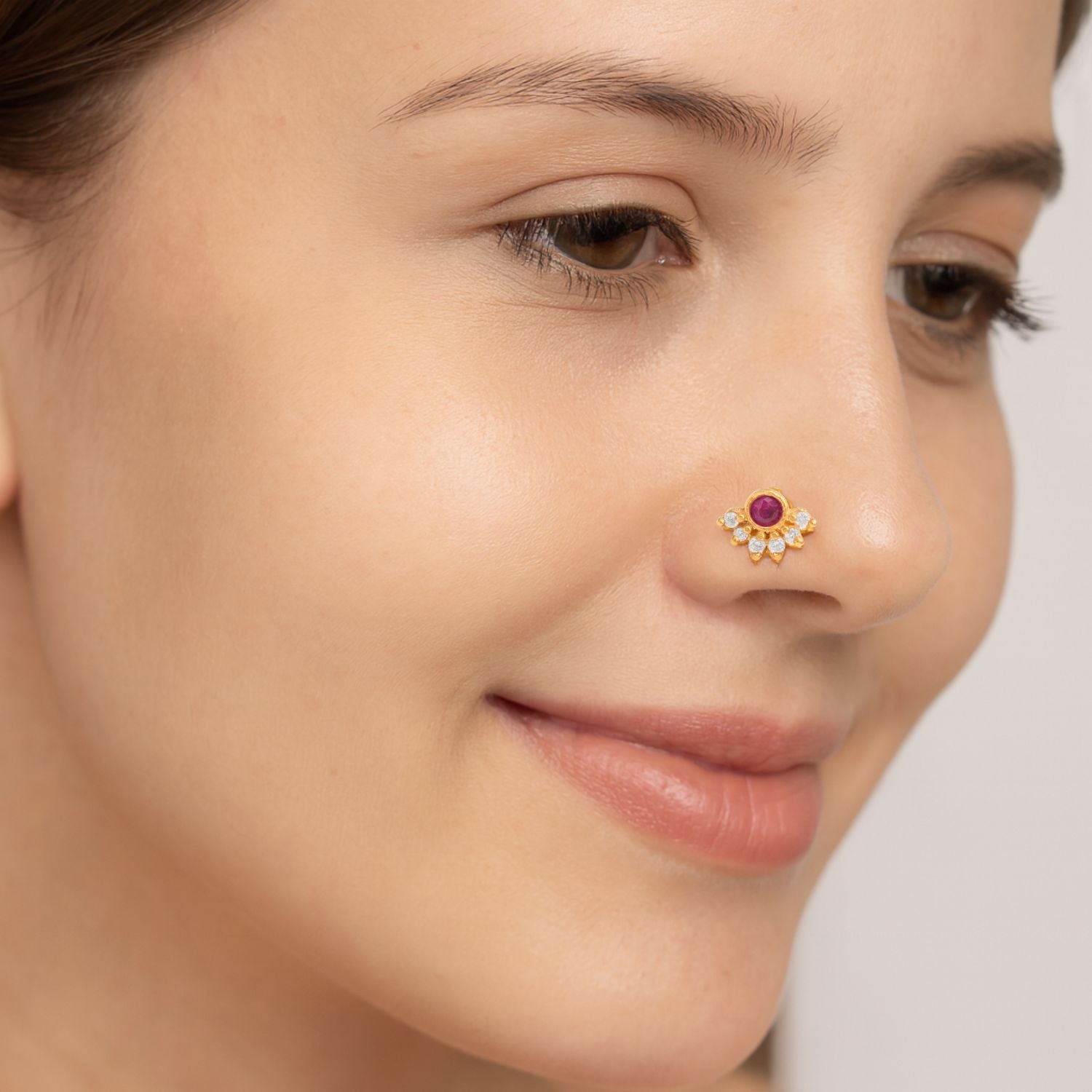 Red CZ Floral Nose Pin - Sterling Silver Gold Plated
