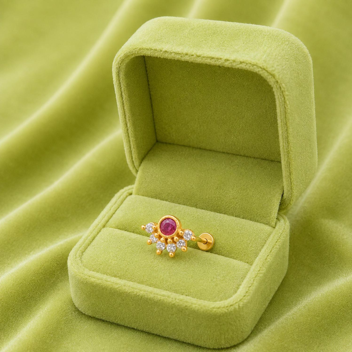 Red CZ Floral Nose Pin - Sterling Silver Gold Plated