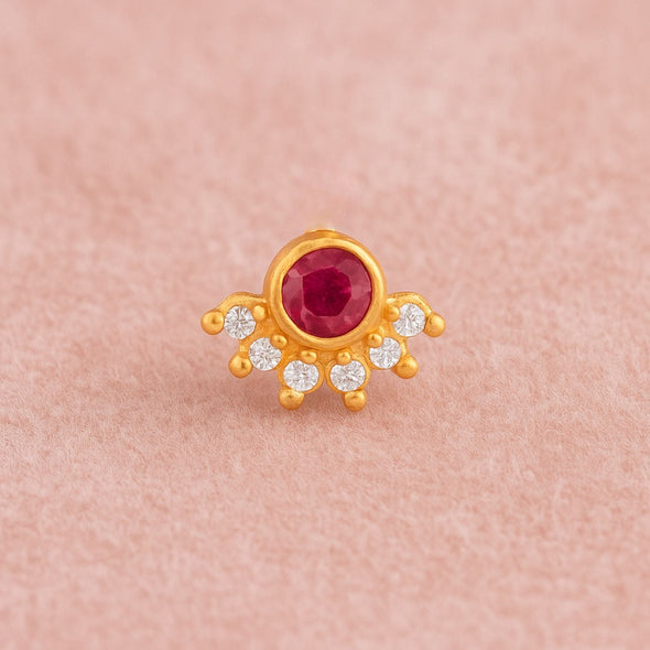 Red CZ Floral Nose Pin - Sterling Silver Gold Plated