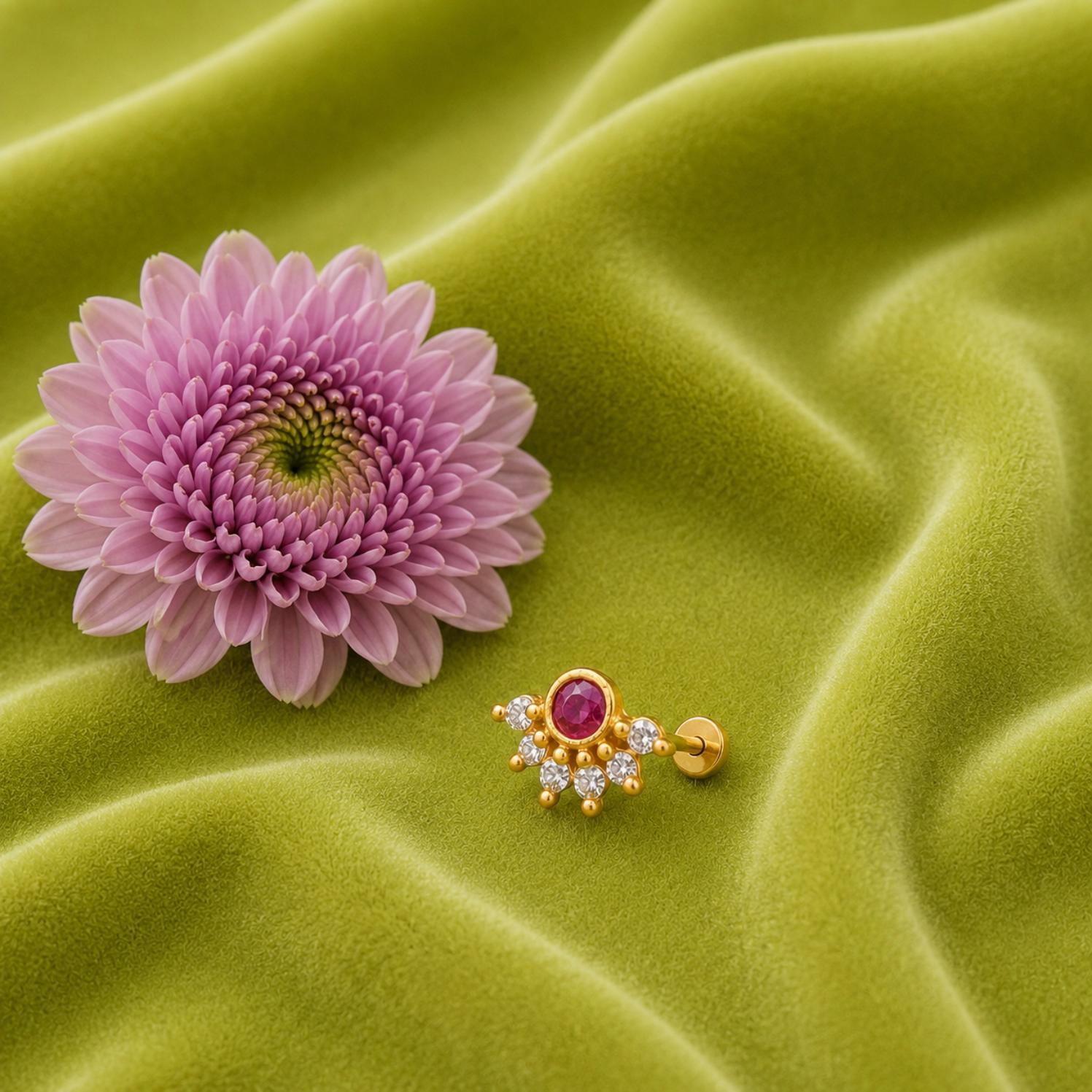 Red CZ Floral Nose Pin - Sterling Silver Gold Plated