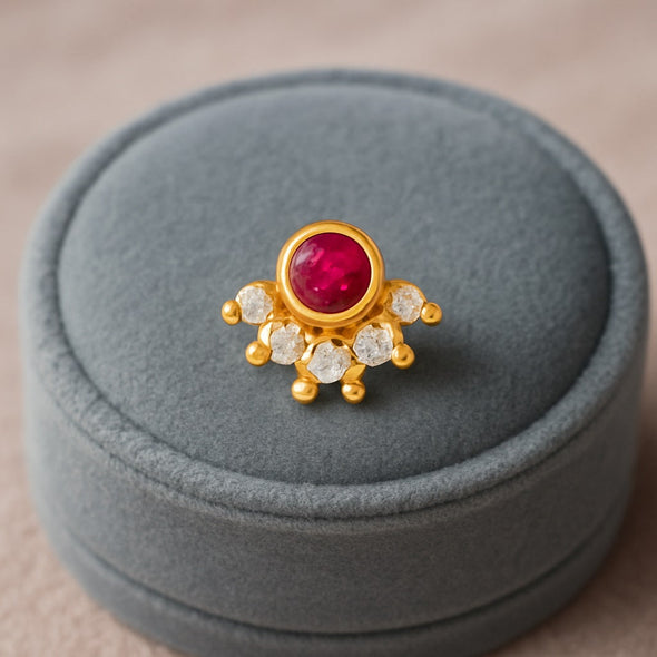 Red CZ Floral Nose Pin - Sterling Silver Gold Plated