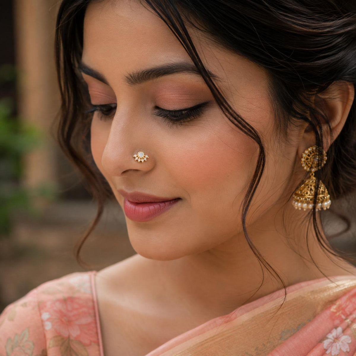 White CZ Floral Nose Pin – Gold Plated Sterling Silver
