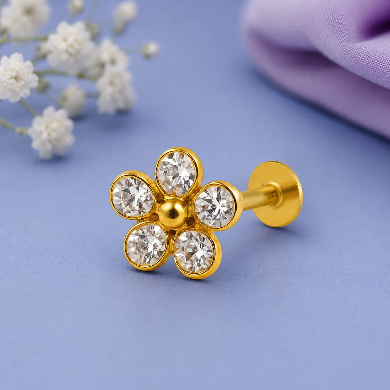 White CZ Five-Petal Floral Nose Pin – Sterling Silver Gold Plated