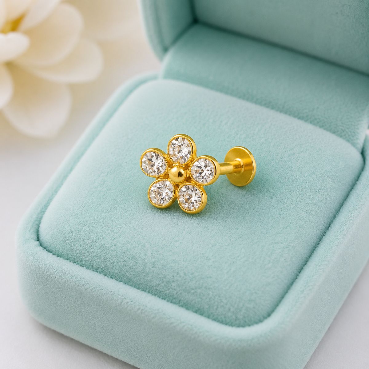 White CZ Five-Petal Floral Nose Pin – Sterling Silver Gold Plated