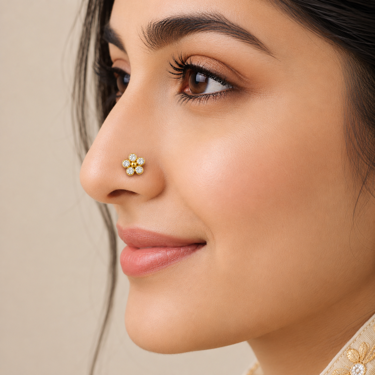 White CZ Five-Petal Floral Nose Pin – Sterling Silver Gold Plated