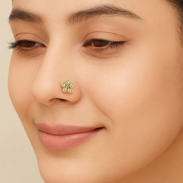 White CZ Five-Petal Floral Nose Pin – Sterling Silver Gold Plated