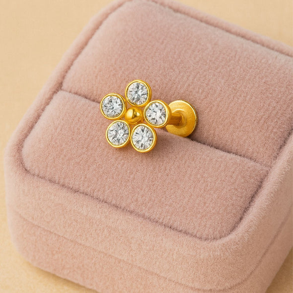 White CZ Five-Petal Floral Nose Pin – Sterling Silver Gold Plated