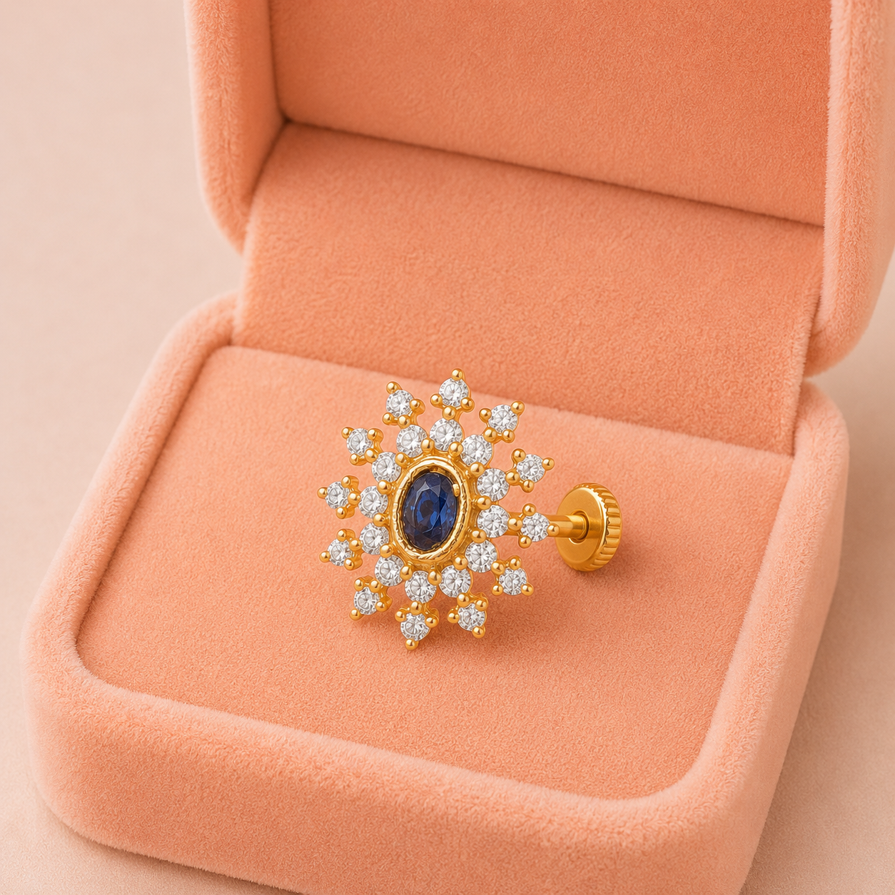 Oval Shape Blue CZ Stone Nose Pin - Gold Plated 925 Silver