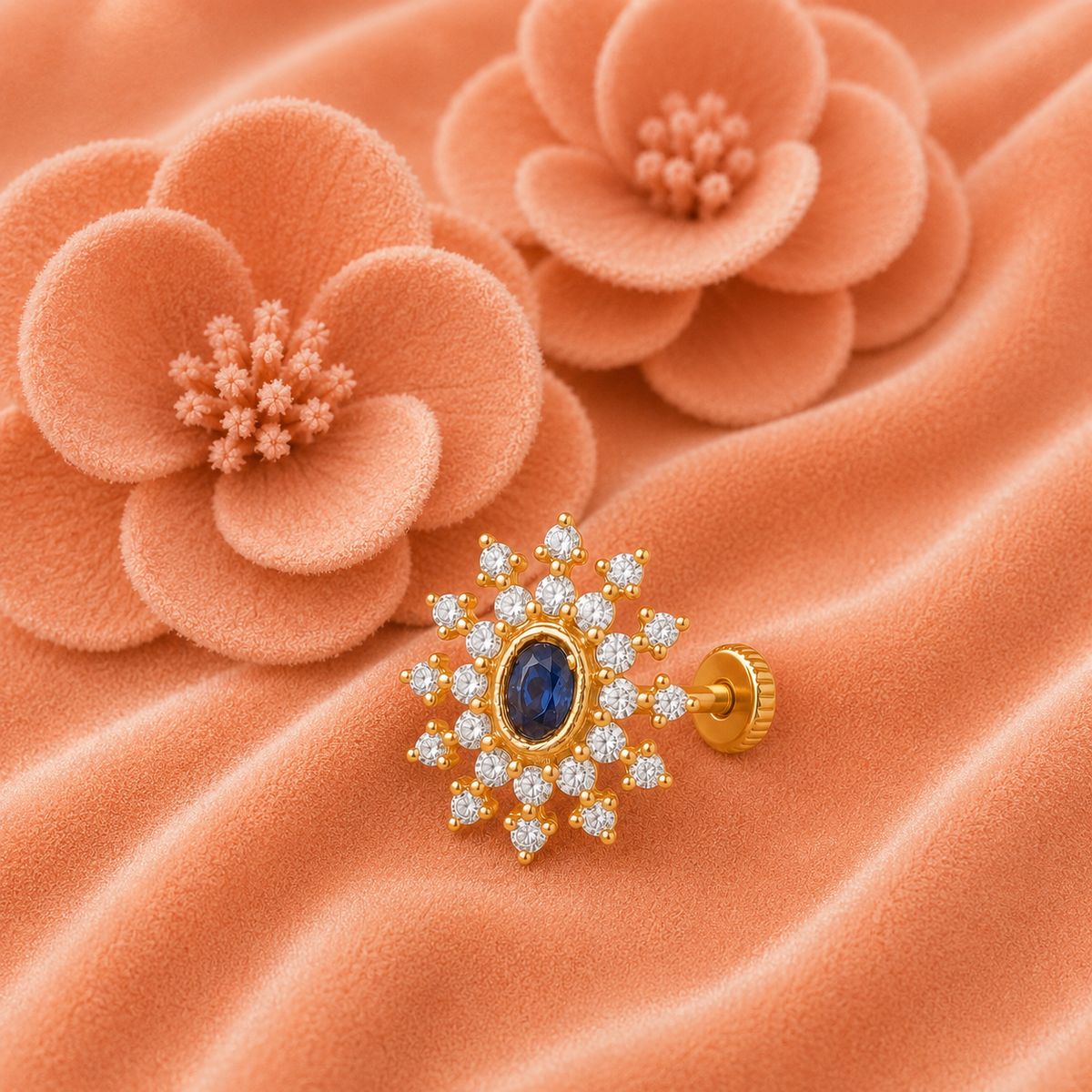 Oval Shape Blue CZ Stone Nose Pin - Gold Plated 925 Silver