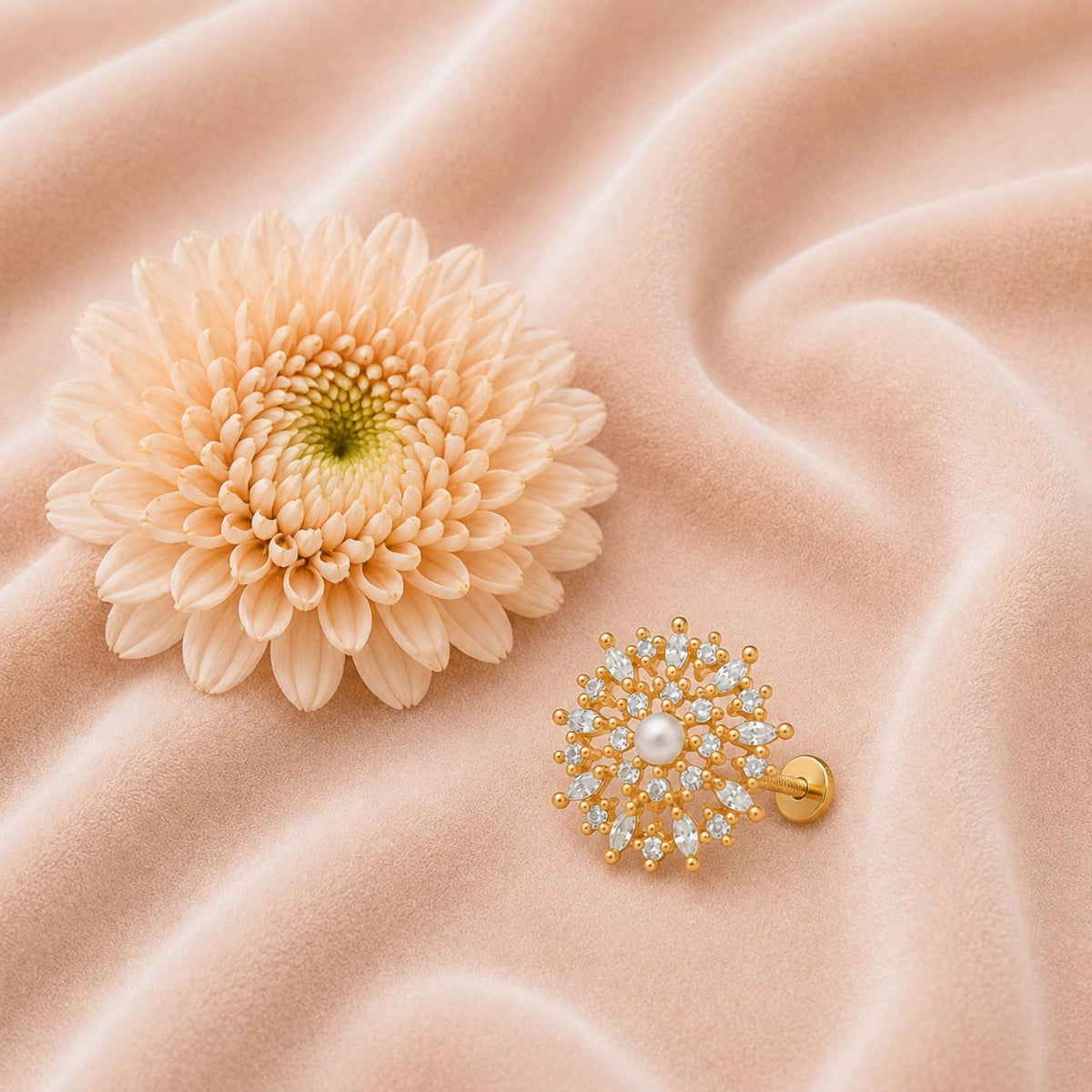 Pearl & White CZ Floral Snowflake Nose pin - Gold Plated 925 Silver