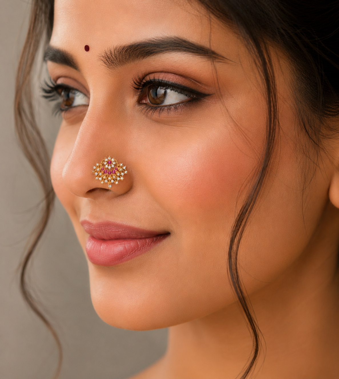 Gold Plated Pink & White CZ Traditional Nose Pin – Floral Filigree Statement Design