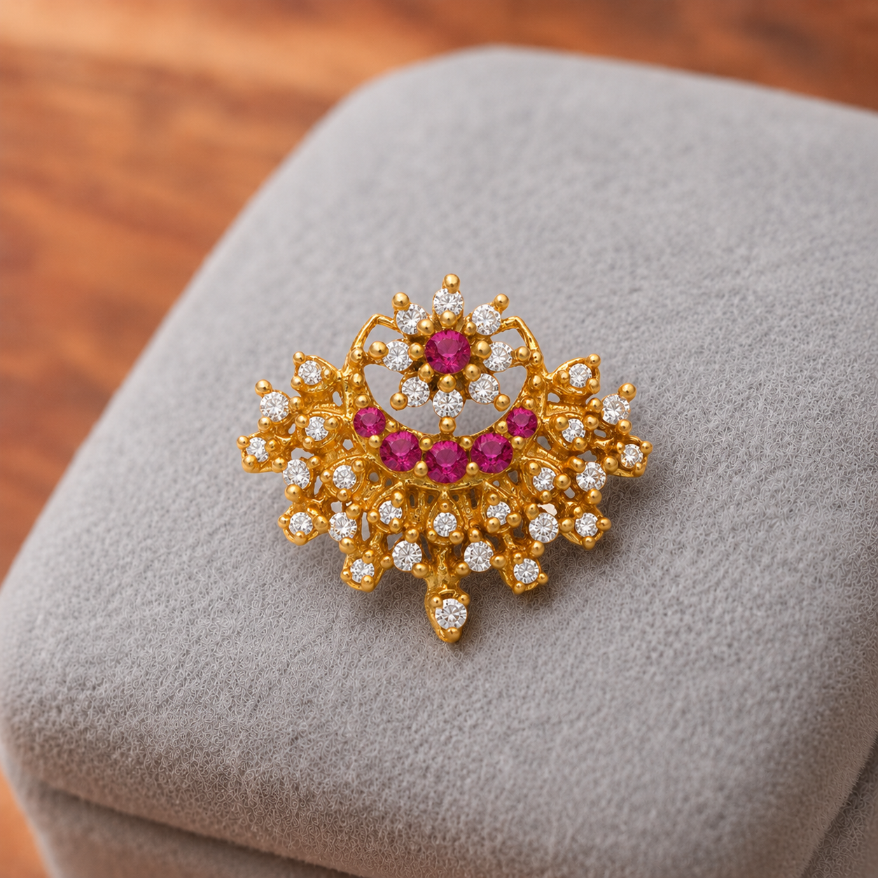 Gold Plated Pink & White CZ Traditional Nose Pin – Floral Filigree Statement Design