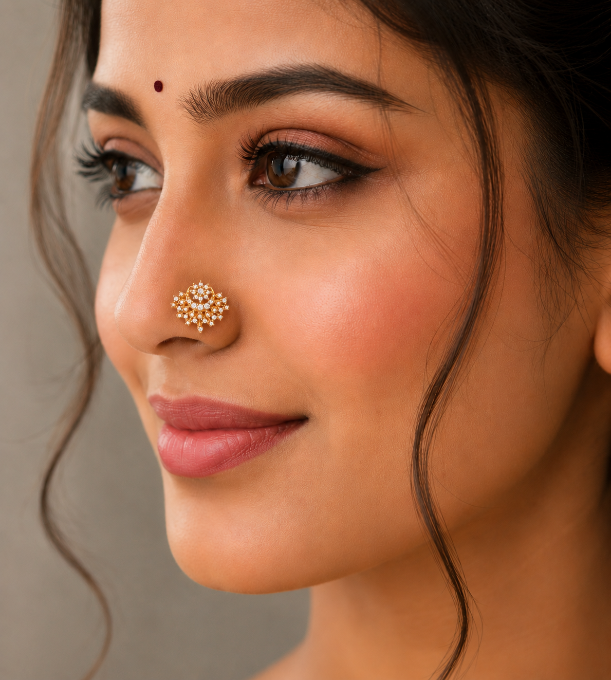 Gold Plated White CZ Traditional Nose Pin – Floral Filigree Statement Design