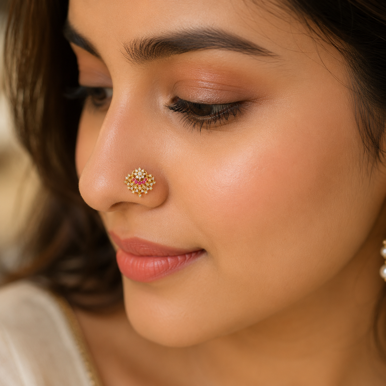 925 Sterling Silver Gold Plated Red CZ & White CZ Floral Designer Nose Pin for Women