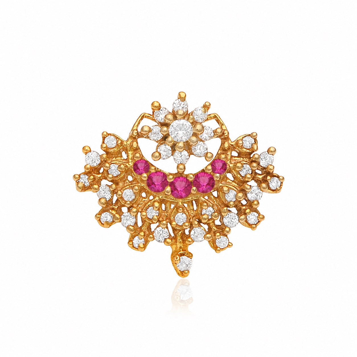925 Sterling Silver Gold Plated Red CZ & White CZ Floral Designer Nose Pin for Women