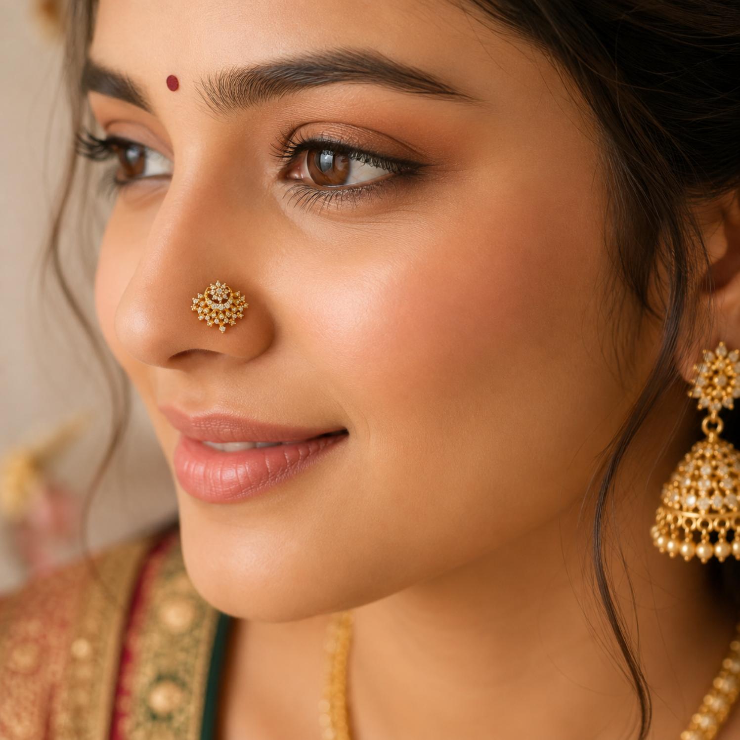 Gold Plated White CZ Traditional Nose Pin – Floral Filigree Statement Design