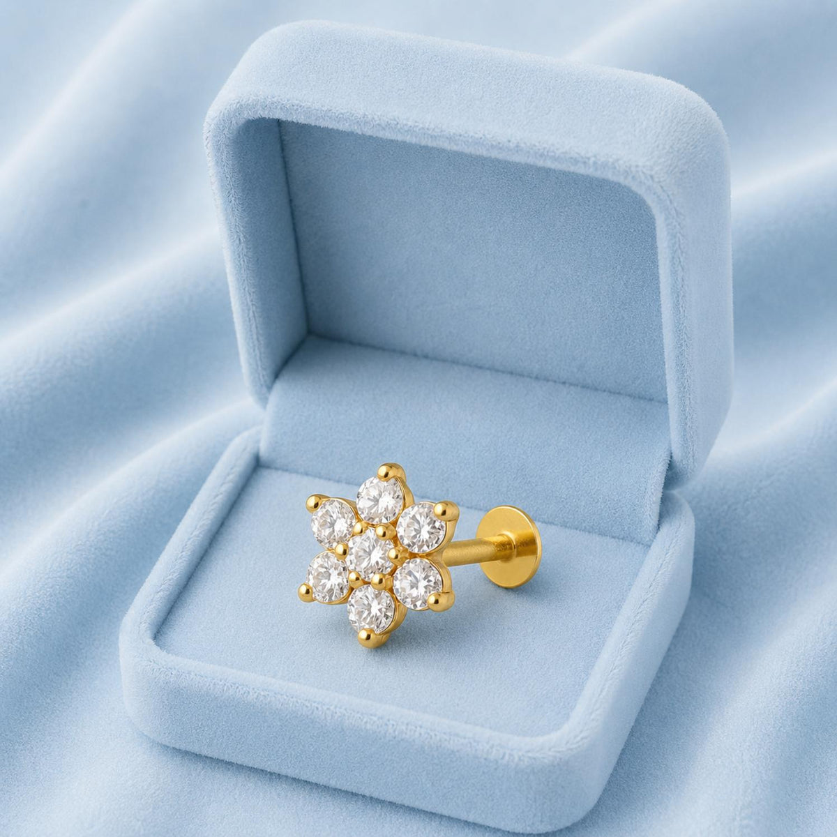 White CZ Round Six-Petal Floral Nose Pin – Sterling Silver Gold Plated