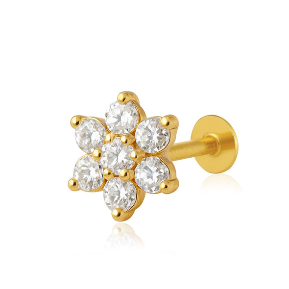 White CZ Round Six-Petal Floral Nose Pin – Sterling Silver Gold Plated