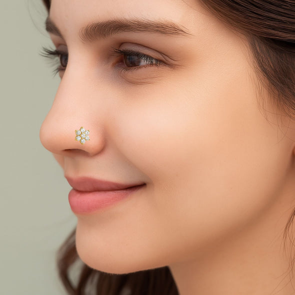 White CZ Round Six-Petal Floral Nose Pin – Sterling Silver Gold Plated