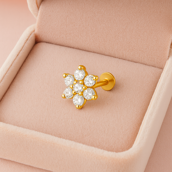 White CZ Round Six-Petal Floral Nose Pin – Sterling Silver Gold Plated