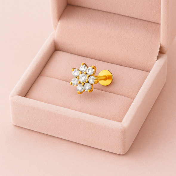 White CZ Round Six-Petal Floral Nose Pin – Sterling Silver Gold Plated