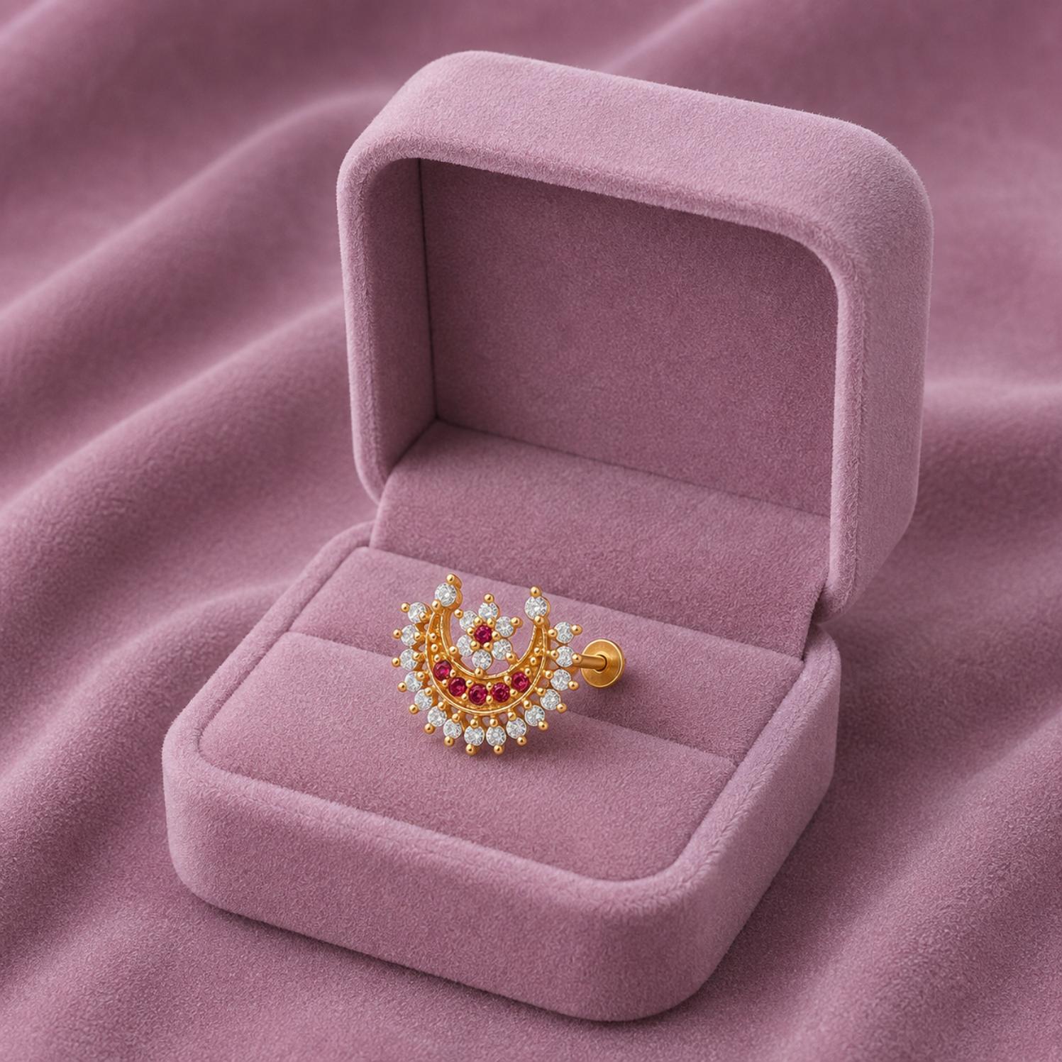 Pink & White CZ Crescent Floral Nose pin - Gold Plated 925 Silver