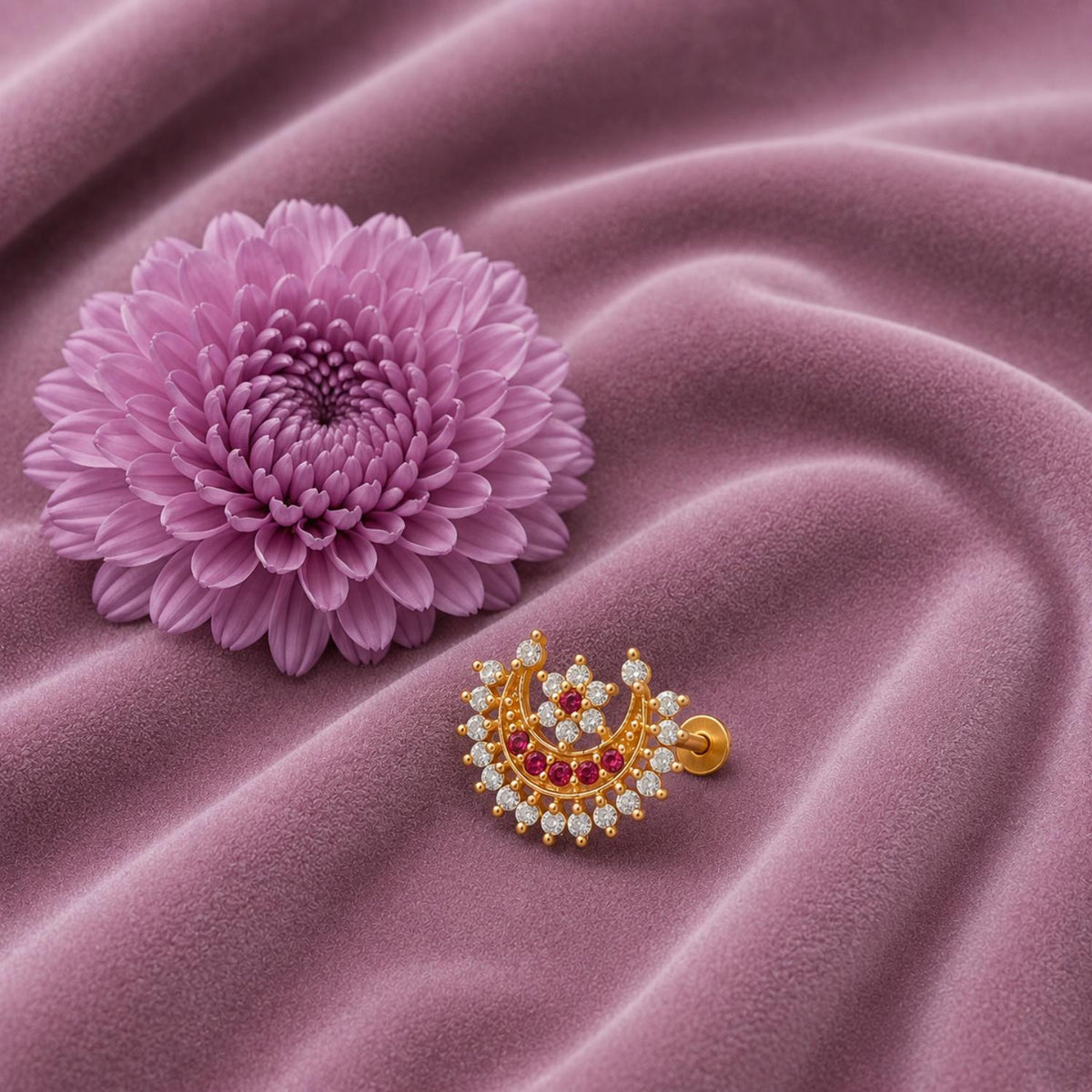Pink & White CZ Crescent Floral Nose pin - Gold Plated 925 Silver