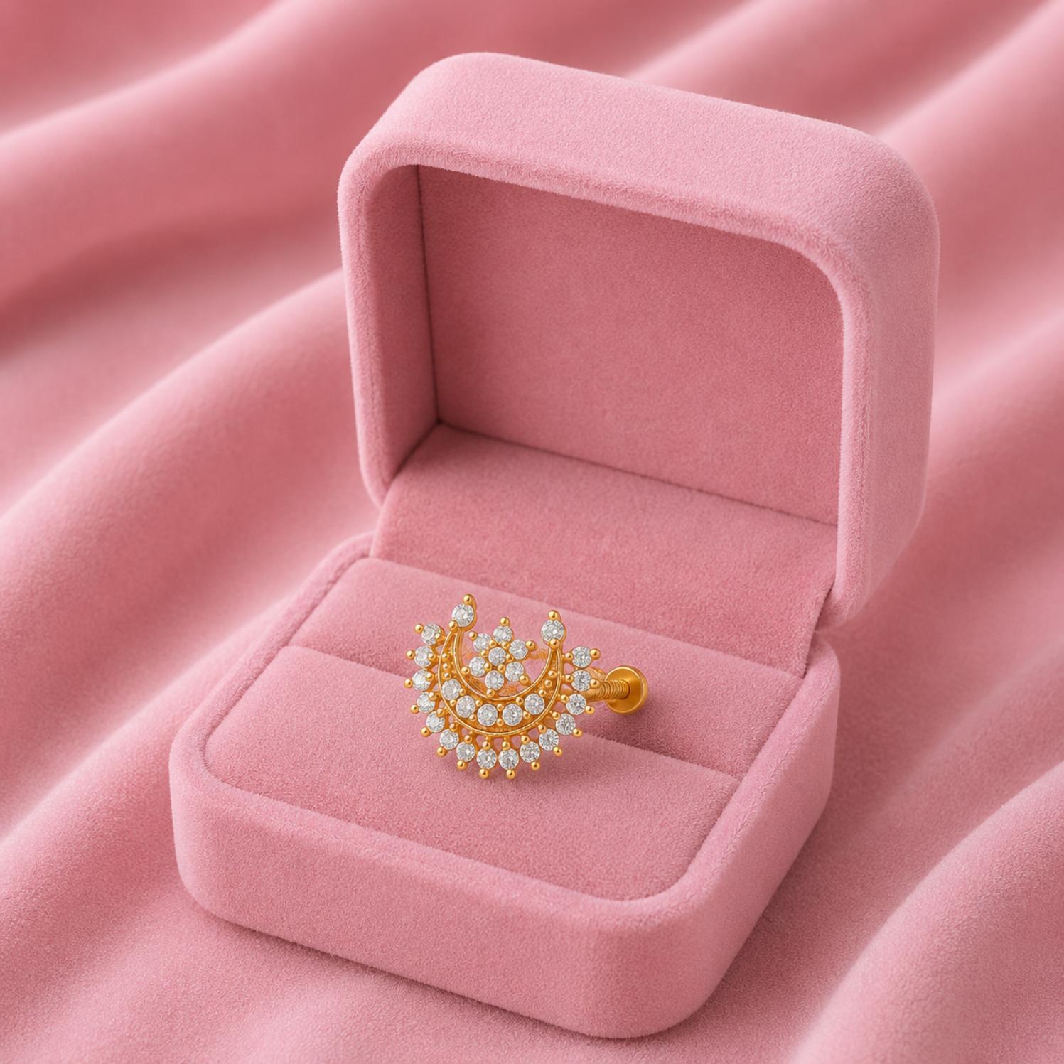 White CZ Crescent Floral Nose pin - Gold Plated 925 Silver