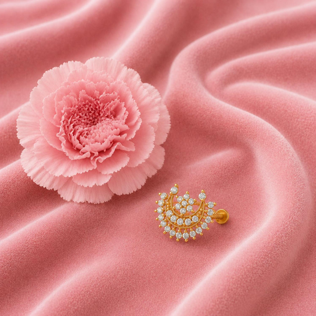 White CZ Crescent Floral Nose pin - Gold Plated 925 Silver