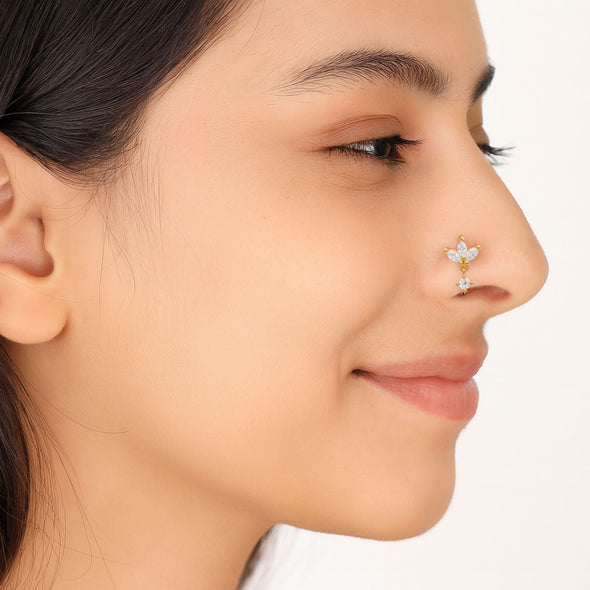 White CZ Leaf Cluster Nose Pin - Sterling Silver Gold Plated