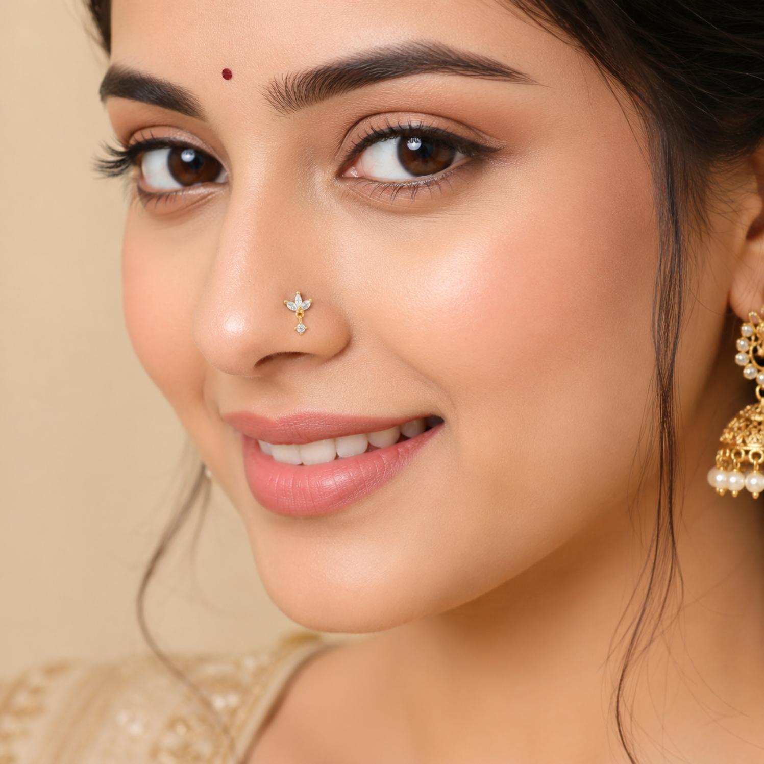 White CZ Leaf Cluster Nose Pin - Sterling Silver Gold Plated