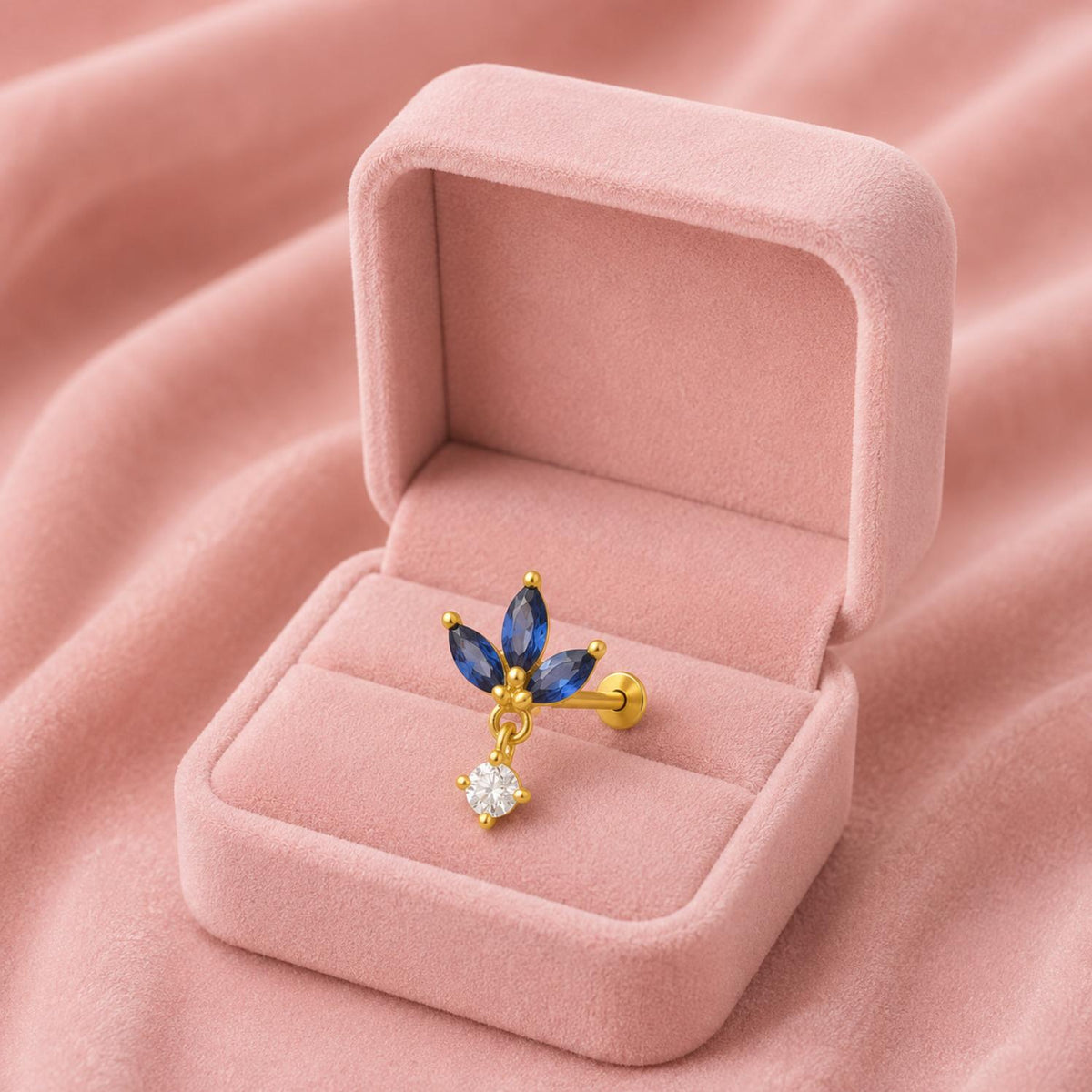Gold Plated Blue CZ Floral Nose Pin with Dangle White Stone – Elegant Ethnic Design