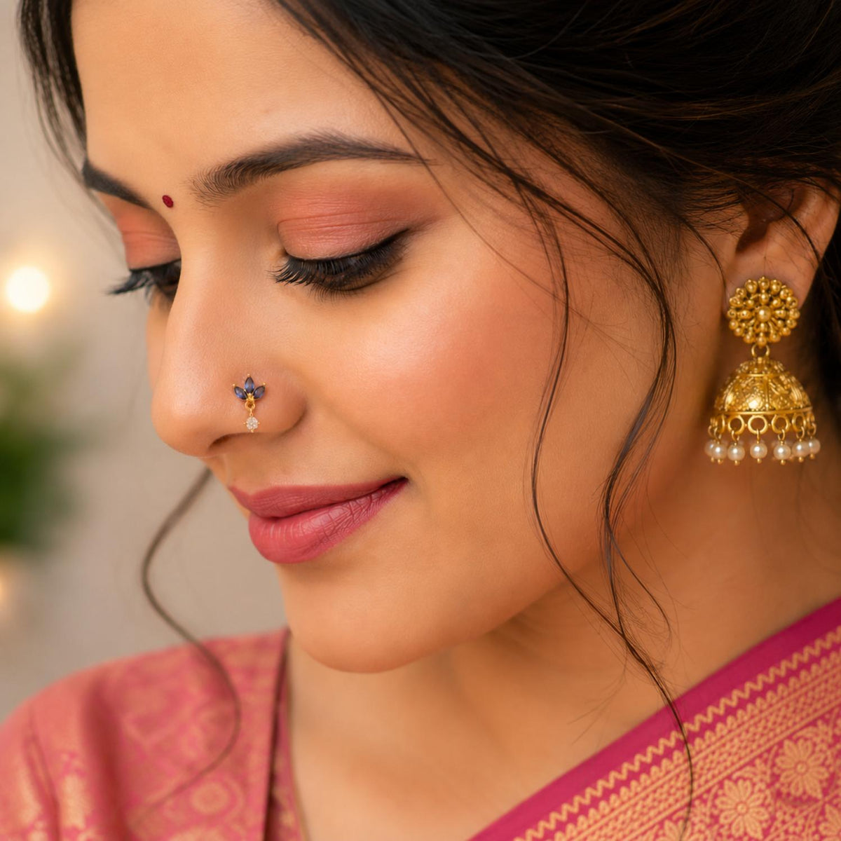 Gold Plated Blue CZ Floral Nose Pin with Dangle White Stone – Elegant Ethnic Design