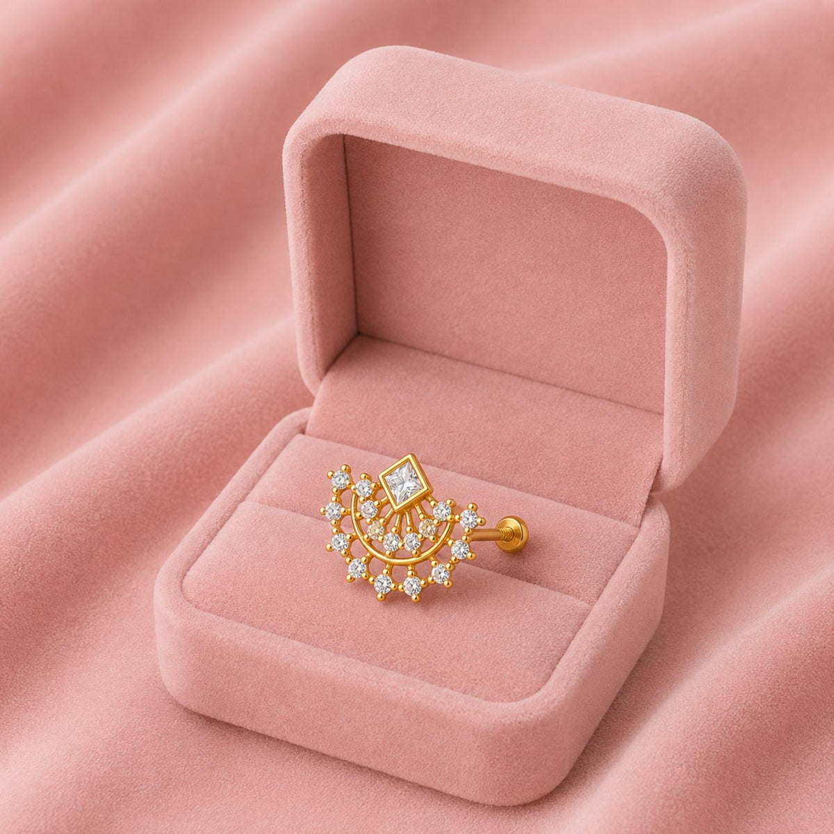 Gold Plated Princess Cut White CZ Nose Pin - 925 Sterling Silver