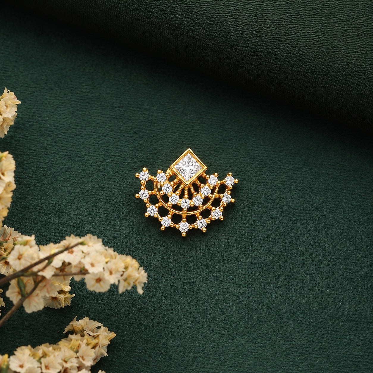 Gold Plated Princess Cut White CZ Nose Pin - 925 Sterling Silver