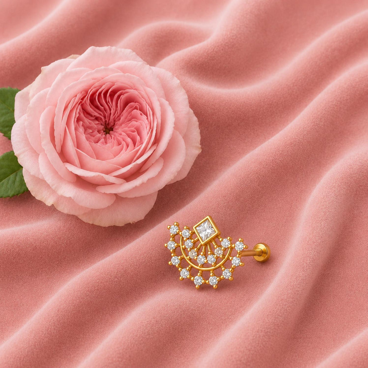 Gold Plated Princess Cut White CZ Nose Pin - 925 Sterling Silver