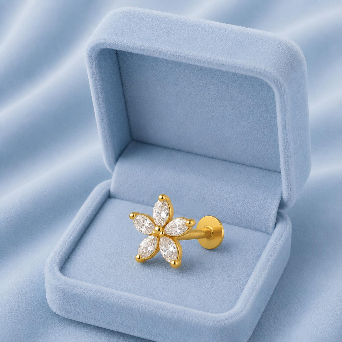 White CZ Marquise Five-Petal Nose Floral Pin – Sterling Silver Gold-Plated
