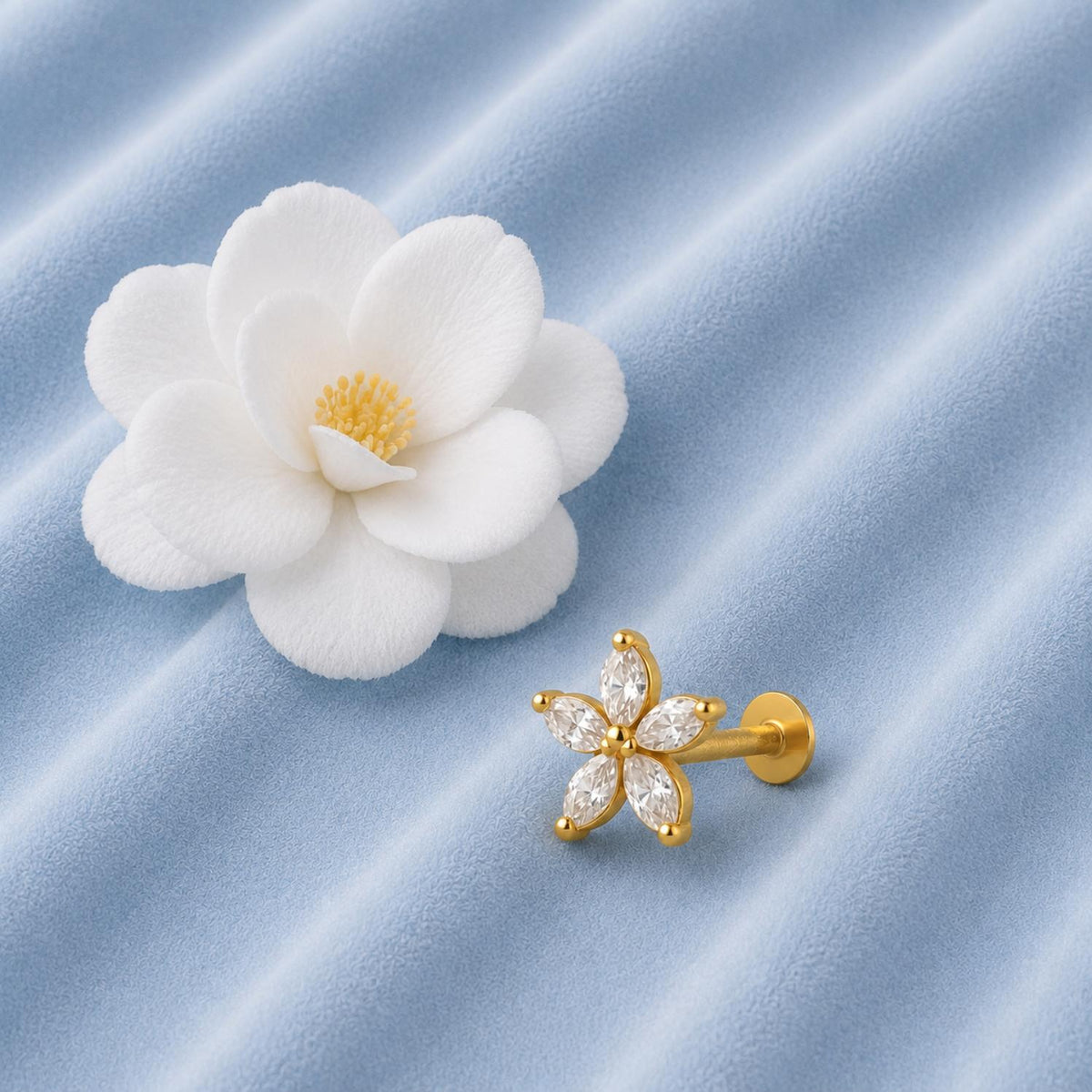 White CZ Marquise Five-Petal Nose Floral Pin – Sterling Silver Gold-Plated